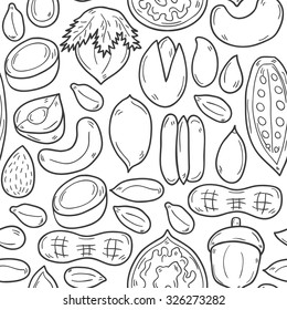 Seamless background with cartoon hand drawn objects on nuts theme: hazelnut, pumpkin and sunflower seeds, peanut, pecan, pistachio, cashew, walnut, acorn, almond, coconut, cocoa