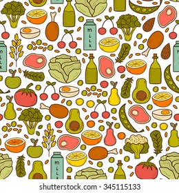 Seamless background with cartoon hand drawn pregnancy nutrition objects