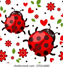 Seamless background with cartoon happy ladybugs, flowers, hearts and leaves.