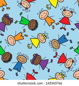 seamless background with cartoon kids in clothes of different colors