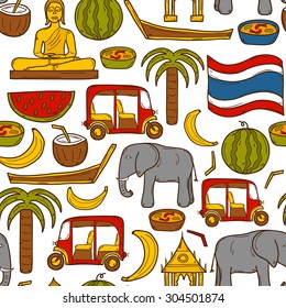 Seamless background with cartoon objects in hand drawn style on Thailand theme: taxi, buddha, flag, fruits, elephant, palm. Vector asia travel concept for your design