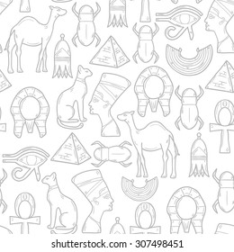 Seamless background with cartoon objects in hand drawn style on Egypt theme: pharaoh, Nefertiti, camel, pyramid, scarab, cat, eye. Africa travel concept for your design