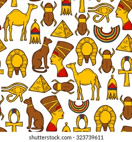 Seamless background with cartoon objects in hand drawn style on Egypt theme: pharaon, nefertiti, camel, pyramid, scarab, cat, eye. Africa travel concept for your design