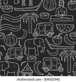 Seamless background with cartoon outline objects in hand drawn style on Thailand theme: taxi, buddha, flag, fruits, elephant, palm. Vector asia travel concept  for your design