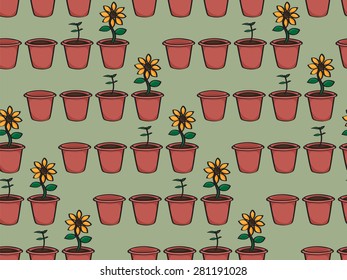 Seamless background with a cartoon pattern of a growing flower: an empty terracotta pot, a pot with earth, a seedling, then a sunflower.

This file is Vector EPS10 and uses a clipping mask.
