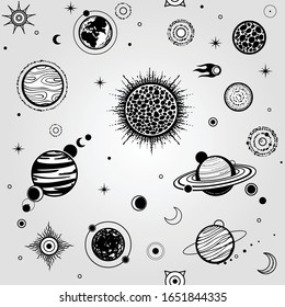 Seamless background: Cartoon planets of solar system. Space symbols. Monochrome vector illustration.