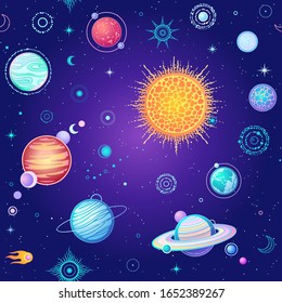 Seamless background: Cartoon planets of solar system. Space symbols. Color vector illustration.