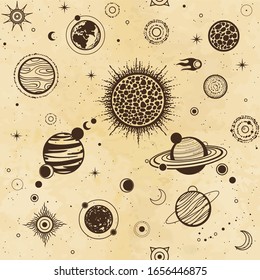 Seamless background: cartoon planets of solar system. Space symbols. Background - imitation of old paper. Vector illustration.