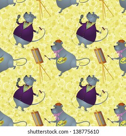 Seamless background, cartoon rats artist and singer on a floral background with stars. Vector