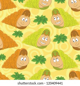 Seamless background, cartoon snails and green plants. Vector