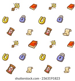 Seamless background. Cartoon style. Bright linear icons of knowledge objects book, manuscript etc. Also for printing on paper and fabric. Vector texture for the web background, design template.