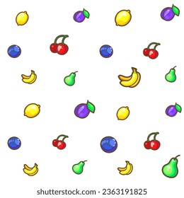 Seamless background. Cartoon style. Bright linear icons of fruits. Also for printing on paper and fabric. Vector texture for the web background, design template.