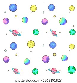 Seamless background. Cartoon style. Bright linear icons of planets. Also for printing on paper and fabric. Vector texture for the web background, design template.