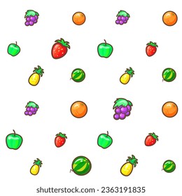 Seamless background. Cartoon style. Bright linear icons of fruits. Also for printing on paper and fabric. Vector texture for the web background, design template.