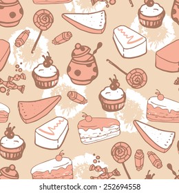 seamless background from cartoon style sweets, vector illustration