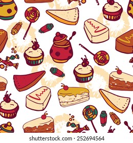 seamless background from cartoon style sweets, vector illustration