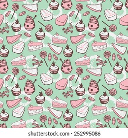 seamless background from cartoon style sweets, vector illustration