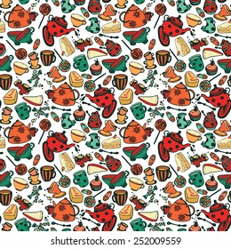 seamless background from cartoon style tea things, vector illustration