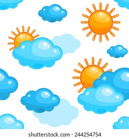 Seamless background with cartoon sun and clouds
