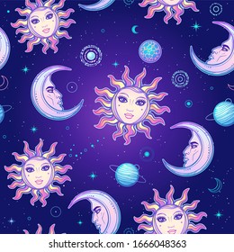 Seamless background: Cartoon Sun and Moon with human faces, planets, cosmic symbols. Background - night star sky. Color vector illustration.