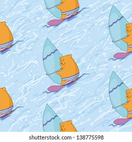 Seamless background, cartoon teddy bear surfer on the ocean waves. Vector