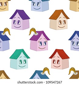 Seamless background, cartoon toy houses, girl and boy. Vector illustration