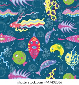 Seamless background with cartoon tropical fish and silhouettes of sea plant. Hand drawn repeated drawing with fantasy marine life elements. Sea exotic animals 