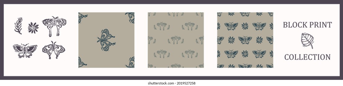 Seamless background carved butterfly bug set of 3 patterns with motif. Rustic babies silhouette illustration background. Collection of modern beige scandi style. Soft cloth textile fashion. 