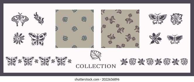 Seamless background carved butterfly bug set of 2 patterns with motif and border. Rustic babies silhouette illustration background. Collection of modern beige scandi style. Soft textile fashion. 