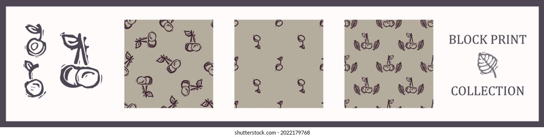 Seamless background carved cherry fruit set of 3 patterns with motif. Rustic babies silhouette illustration background. Collection of modern beige scandi style. Soft cloth textile fashion. 