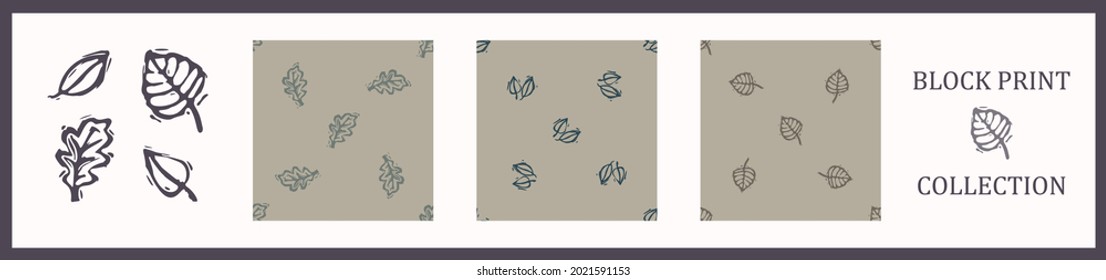 Seamless background carved foliage leaf set of 3 patterns with motif. Rustic babies silhouette illustration background. Collection of modern beige scandi style. Soft cloth textile fashion. 