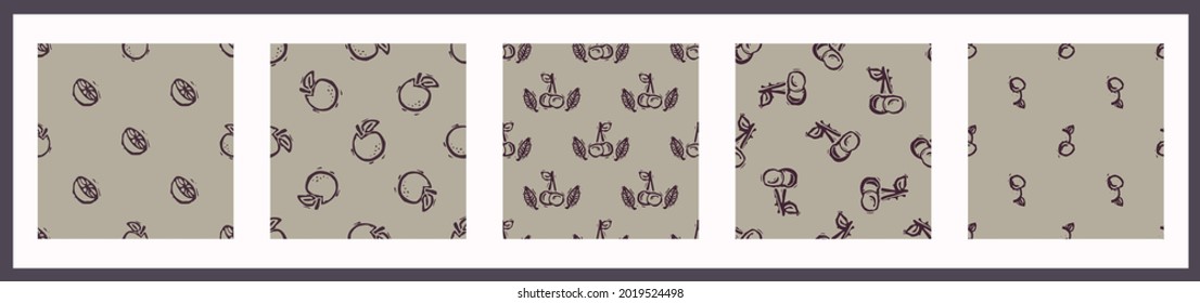 Seamless background carved orange fruit set of 5 patterns. Rustic babies silhouette illustration background. Collection of modern beige scandi style. Soft cloth textile fashion. 