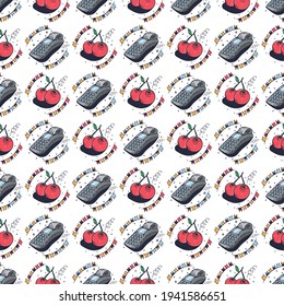 Seamless background with cash register and cherry. Seamless pattern on a white background. Cute vector illustration.