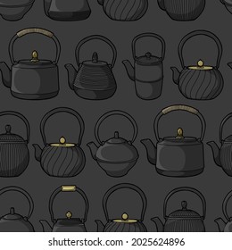 Seamless background. Cast iron teapots. Asian tea ceremony. Black teapots of different shapes on a dark background. 