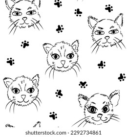 Seamless background with cat face and footprint in doodle style