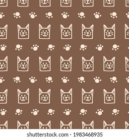 Seamless background cat gender neutral pattern. Whimsical minimal earthy 2 tone color. kids nursery wallpaper or boho cartoon pet fashion all over print.