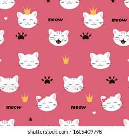 Seamless background with cat. Illustration of children's style with white cats on pink. Cute design for children's parties, textiles, fabric, Wallpaper, etc. Vector graphics.