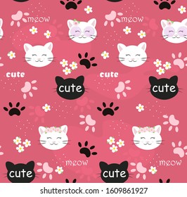 Seamless background with cat. Illustration of children's style with white cats on pink. Cute design for children's parties, textiles, fabric, Wallpaper, etc. Vector graphics.