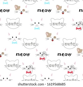 Seamless background with cat on white. Children's style illustration with white cats and lettering for children's parties, textiles, fabric, Wallpaper, etc. Vector graphics.