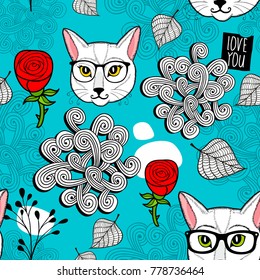 Seamless background with cat portraits. Vector endless illustration of romantic roses.