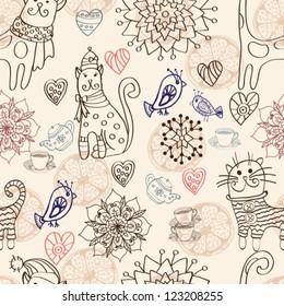 Seamless background with cats, birds, flowers and hearts, vector