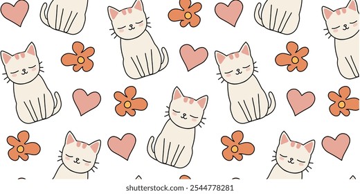 Seamless background with cats and flowers. Vector image in subdued colors.