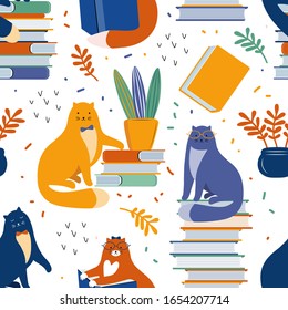 Seamless background with cats reading books. Smart cats with glasses sit on a stack of books. Modern abstract background. Hand drawn Scandinavian illustration. Pet among books. Children Wallpaper