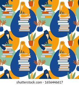 Seamless background with cats reading books. Smart cats with glasses sit on a stack of books. Modern abstract background. Hand drawn Scandinavian illustration. Pet among books. Children Wallpaper