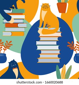 Seamless background with cats reading books. Smart cats with glasses sit on a stack of books. Modern abstract background. Hand drawn Scandinavian illustration. Pet among books. Children Wallpaper