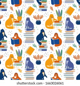 Seamless background with cats reading books. Smart cats with glasses sit on a stack of books. Modern abstract background. Hand drawn Scandinavian illustration. Pet among books. Children Wallpaper