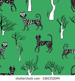 Seamless background of the cats walking in the forest