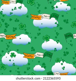 Seamless background for the celebration of Patrick's Day, an illustration of green clover on a background of clouds and text for the background of the cover or paper