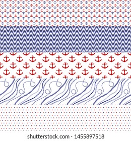 Seamless background with chains, anchors, polka dots, wave. Abstract pattern in nautical style. Set of marine ornaments. Idea for material, textile, fabric design. Monochrome blue, red texture.