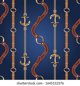 Seamless background with chains, anchors, rope, grid. Abstract pattern in nautical style. Marine motifs ornament. Idea for material, textile, fabric design. Blue, gold texture. Vector